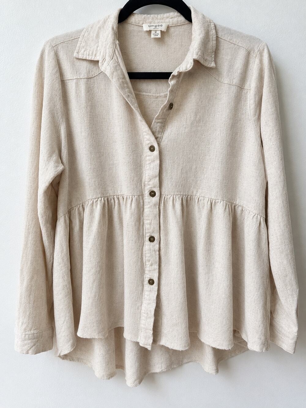 Umgee Linen Cotton Babydoll Button Down Blouse Cream Peplum High Low Womens M